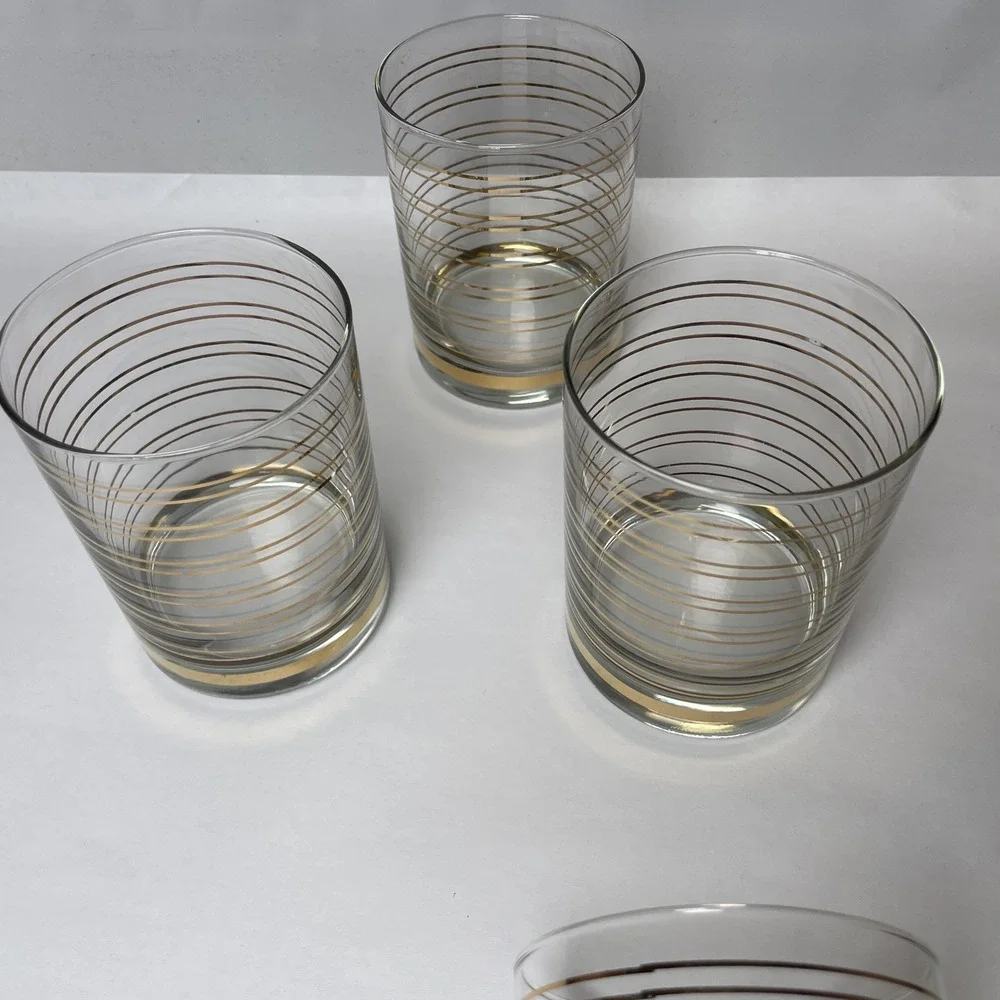 Shelton Ware On the Rocks Glasses Set of 4 Clear w/ Gold Stripe 80's Vintage Bar